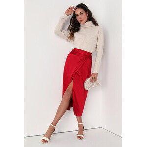 Lulus Serenely Stylish Red Satin Twist-front Midi Skirt - Size XS